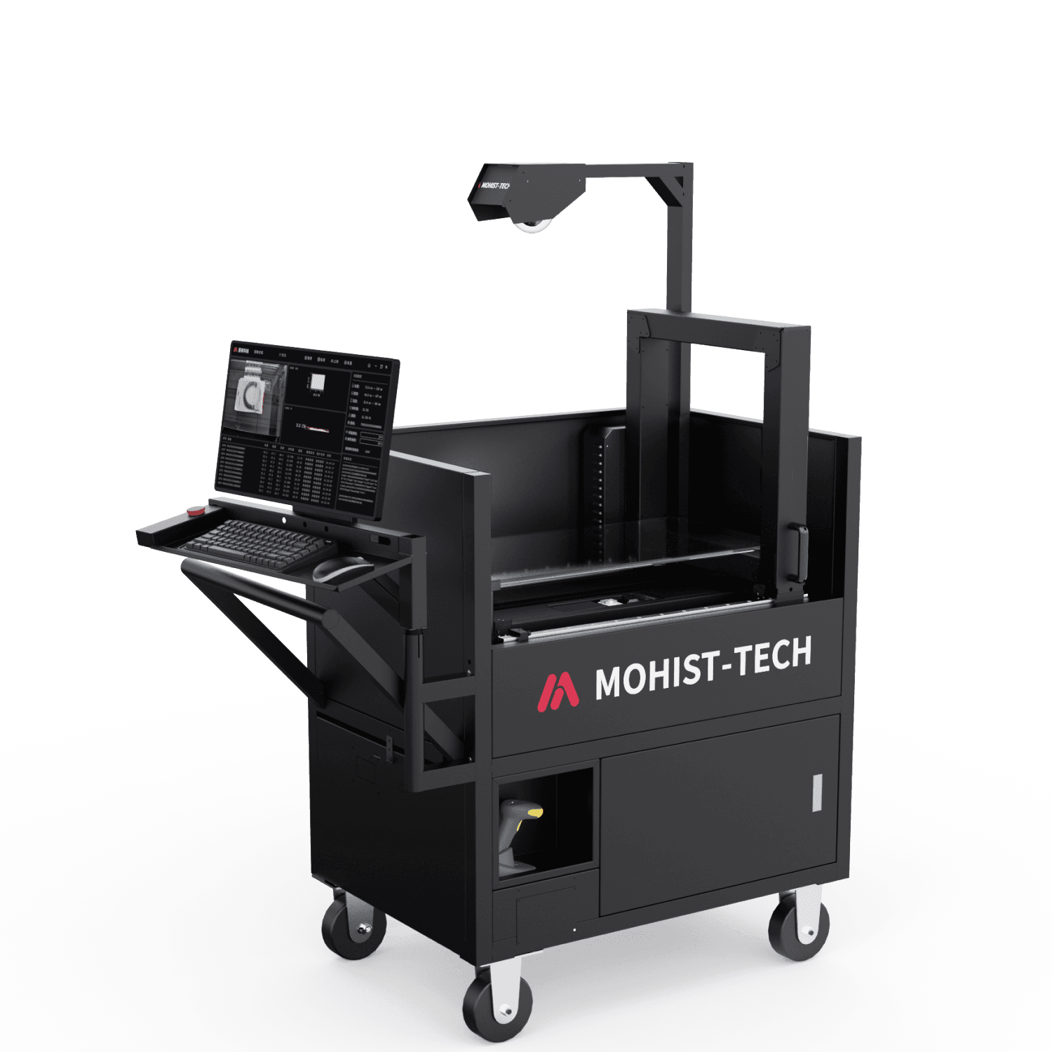 Mohisttech Technology M600-S Pro, a static weighing machine, can accurately measure the length, width, height, volume and weight of objects. It supports manual code scanning, color photography and archiving of the measured goods, and data system (ERP, WMS, etc.) docking. The device comes with a cart that can easily move the device and push it around the storage center. In addition, an automatic code scanning camera and a mobile power supply are optional.